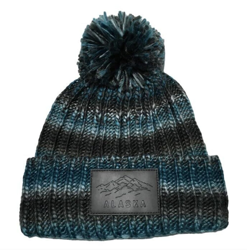 7027 Alaska Beanie Hat Quality Variegated Greens Grey Earth Pom Pom